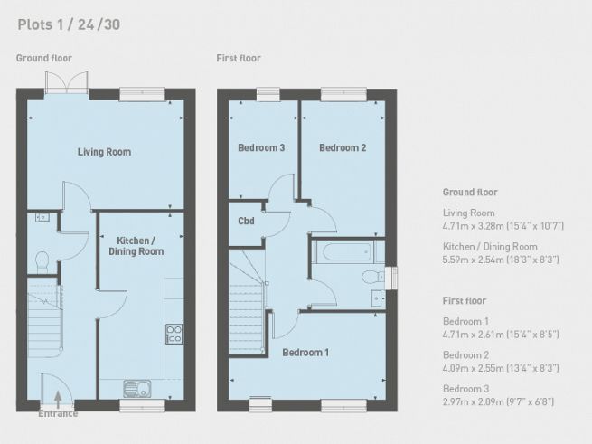 Floor plan 3 bedroom house, plots 1, 24, 30 - artist's impression subject to change